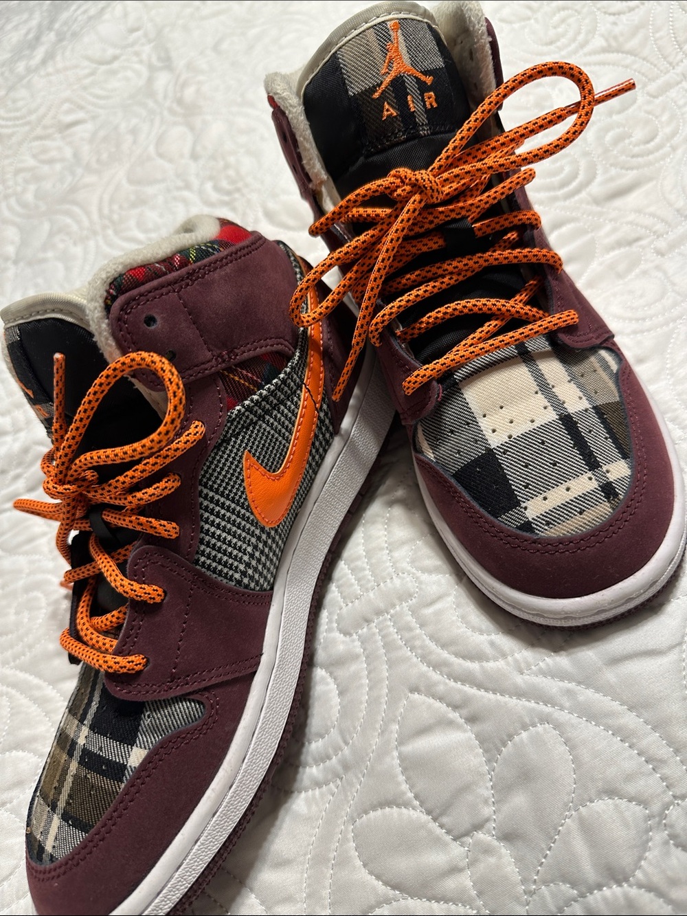Jordan Kids Burgundy Plaid Sneakers with Orange Accents